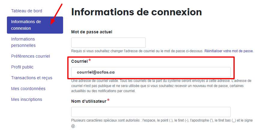 Informations de connexion