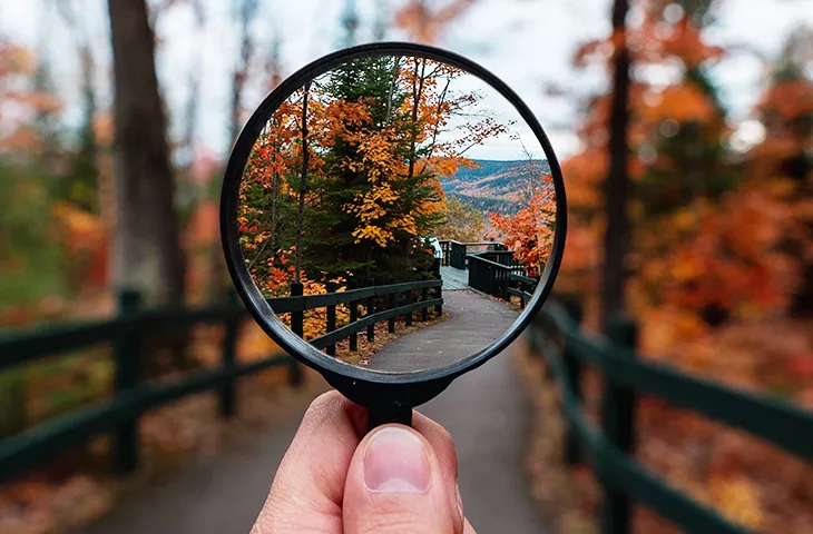 Une loupe devant un paysage d&#039;automne