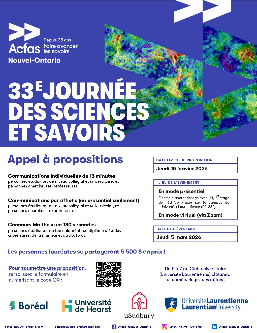visuel d&#039;appel à propositions pour la 33e Journée des Savoirs de la Section Nouvel Ontario qui aura lieu le 5 mars 2026