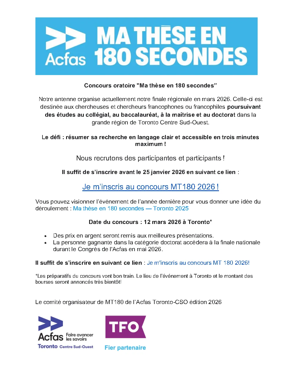 Appel à candidature - MT180 2026 - Toronto CSO