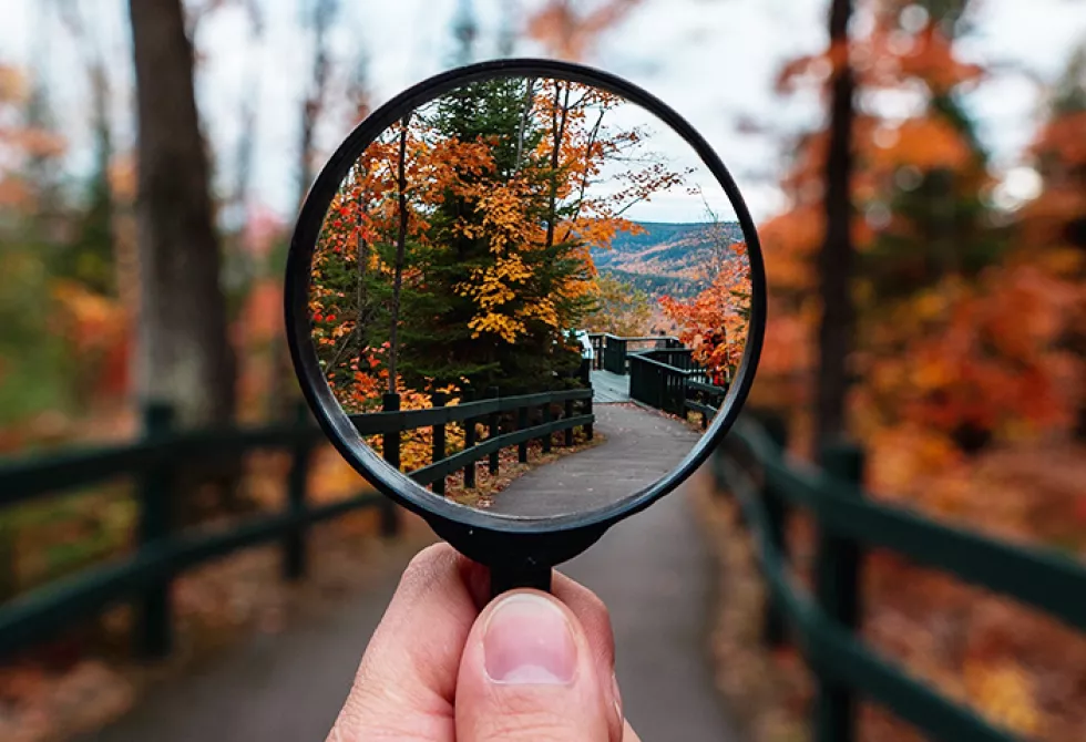 Une loupe devant un paysage d&#039;automne