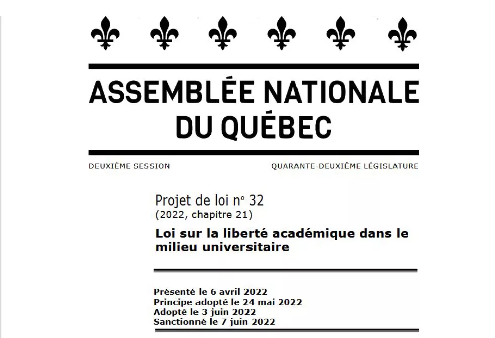 Couverture du projet de loi sur la liberté académique