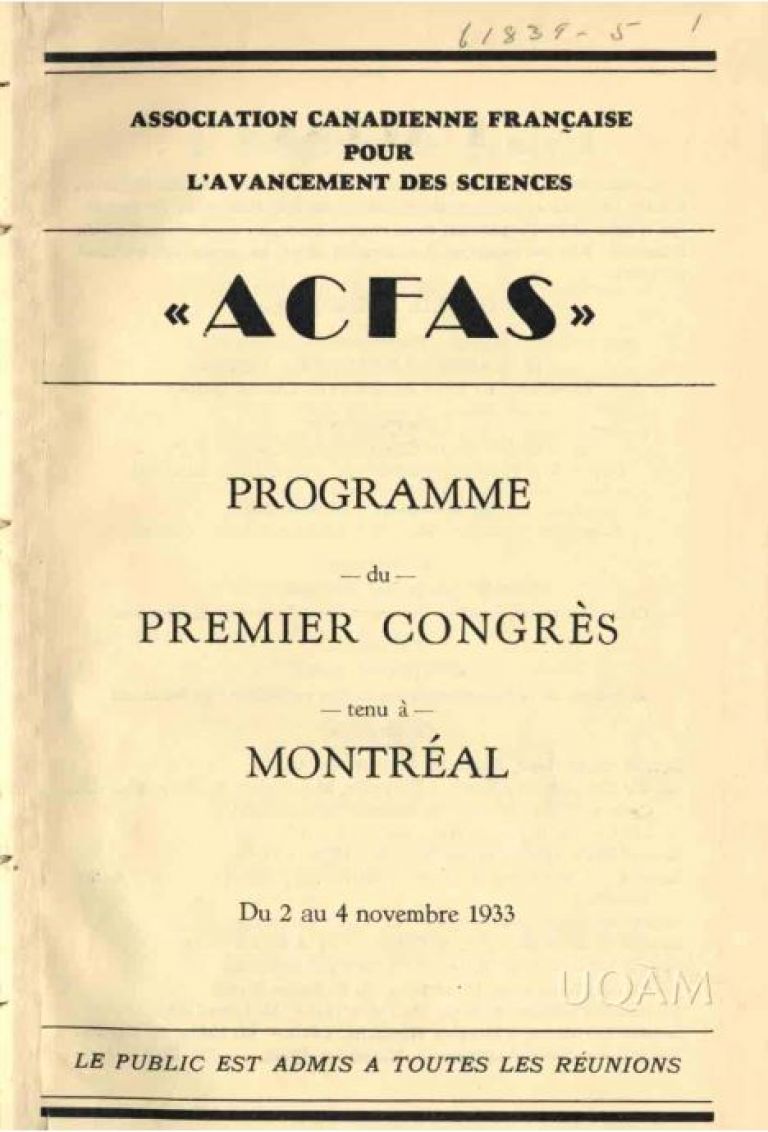 Programme du premier congrès de l’Acfas. Source Acfas.